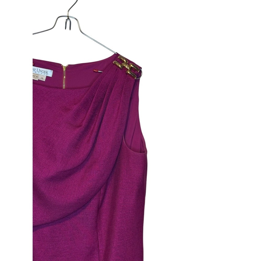 Kay Unger Women Shift Dress Lined Sleeveless Gold Shoulder Fuchsia Pink‎ 14 - Picture 2 of 11